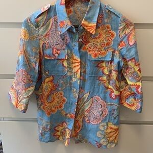 J. McLaughlin 100% linen paisley floral 3/4 length sleeve blouse size 0